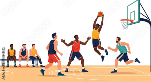 Basketball players in action during a competitive game on an outdoor court.