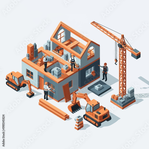 Construction site with house building and heavy machinery.