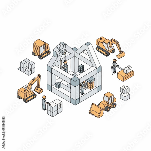 Construction site with excavators and workers building a house.