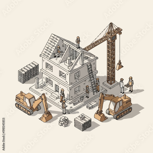 Construction of a House with Excavators and Crane.