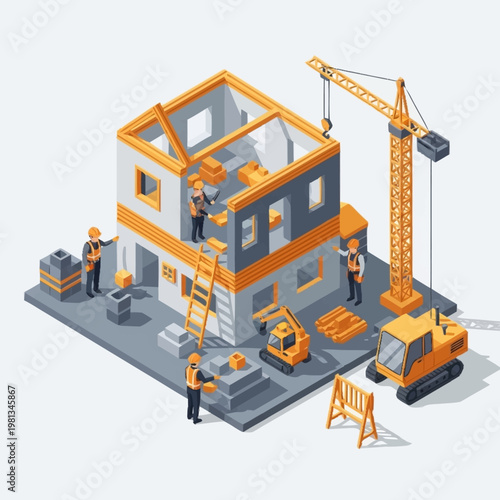 Construction workers building a house with crane and equipment.