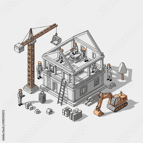 Construction of a house with crane and excavator.
