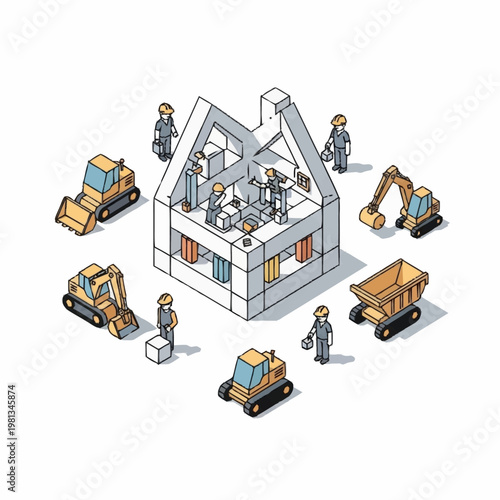 Construction workers build a house using miniature excavators and dump trucks.