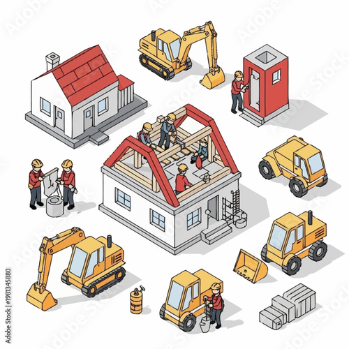 Construction scene with workers and heavy machinery isometric illustration.