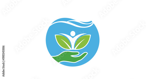 A vibrant logo featuring a hand cradling a plant within a circular water droplet design