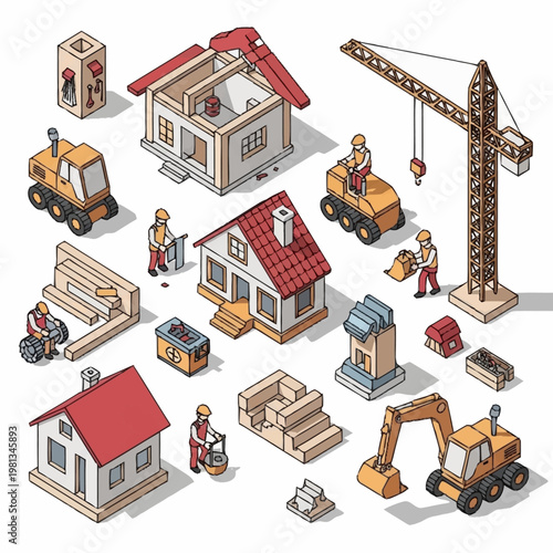 Construction Site Isometric Elements Building Houses and Machinery.