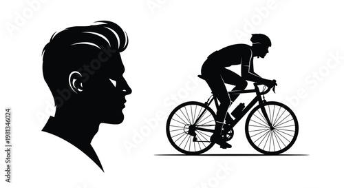 A striking black silhouette depicts a cyclist in motion alongside a man s profile