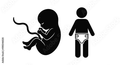 A stark black and white illustration depicts a fetus in the womb alongside a simplified human figure