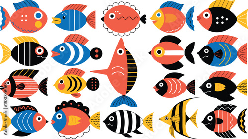 Seamless vector illustration set of a cute colorful cartoon fish pattern featuring tropical marine life and goldfish in a funny underwater sea water ocean nature background