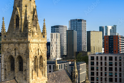 Skyscrapers and Salford Cathedral Steeple