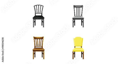 A collection of four distinct chairs presented in a simple isolated and illustrative style
