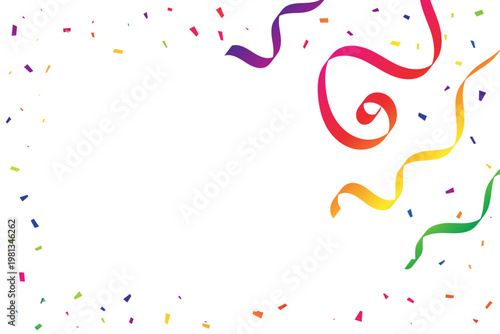 Colorful Confetti and Streamer Ribbon on Transparent Background with Copy Space. Celebration Party Banner. Vector Illustration