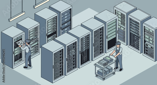 Isometric view of a server room with technicians managing computer racks and equipment, highlighting data center operations and IT infrastructure maintenance