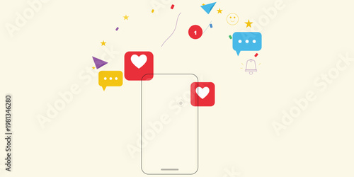 Social media marketing vector illustration, smartphone with heart like icons and chat bubbles, digital communication and mobile engagement concept
