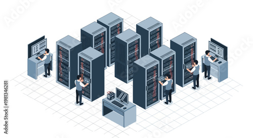 Isometric illustration depicting a server room with multiple racks of computers and technicians performing maintenance and operations tasks