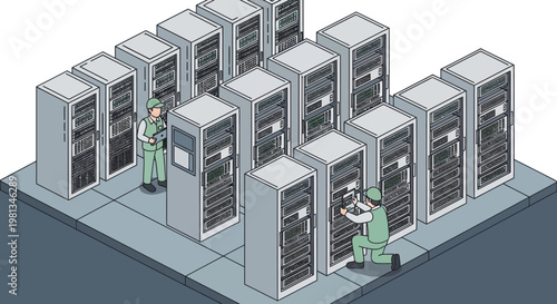 Isometric illustration of IT technicians working on server racks in a data center environment, showcasing technology and infrastructure