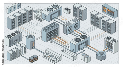 Isometric illustration of an extensive industrial infrastructure, detailing interconnected server racks, advanced cooling units, and comprehensive power distribution networks
