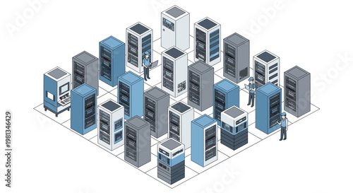 Modern isometric vector illustration of a data center. IT professionals manage a grid of server racks, network infrastructure, cloud computing, and digital technology