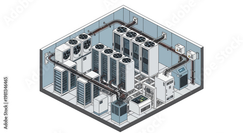 Isometric vector illustration of a data center. Server racks, cooling units, and network infrastructure for efficient IT and secure data management