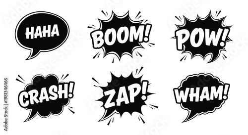 Comic book speech bubbles and sound effects in black silhouette