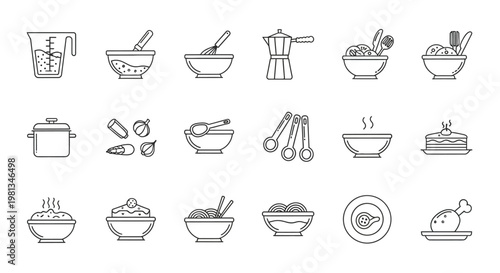 A collection of minimalist line art icons depicting various cooking tools ingredients and prepared dishes