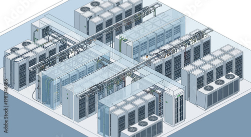 Isometric visualization of a modern data center with rows of server racks and cooling units