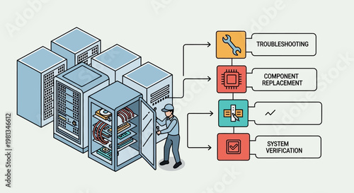 Data center maintenance troubleshooting, component replacement, and system verification in isometric vector illustration