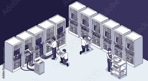 Isometric illustration of people working on large computer servers in a data center setting, highlighting technology and infrastructure