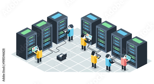 Isometric illustration of data center operations with technicians managing servers and networking equipment in a digital infrastructure environment
