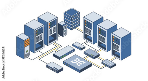 Isometric visualization of a complex server room network, showcasing data infrastructure and connectivity