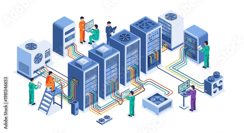 Isometric illustration of a modern data center infrastructure with IT specialists maintaining server racks, managing networks, and overseeing cloud computing operations