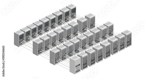Simplified isometric illustration of 32 interconnected server racks, visualizing a data center, cloud computing network, and scalable digital infrastructure