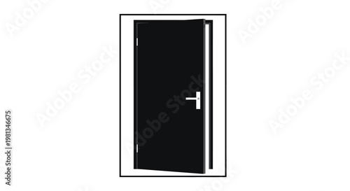A stark black door with a silver handle is presented against a plain white background