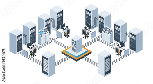 Isometric depiction of a modern data center with servers and IT professionals working diligently