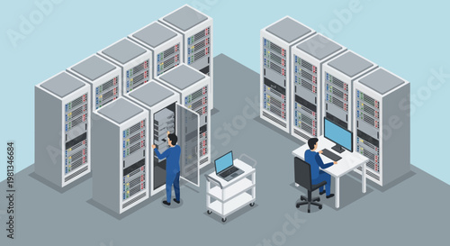 Isometric depiction of a server room with technicians working on data storage units and computer systems