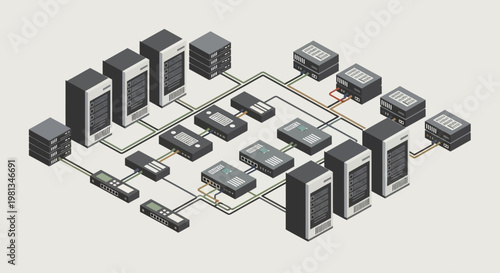 Isometric visualization of a modern server room with interconnected hardware and network infrastructure