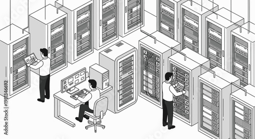 Isometric illustration of IT professionals managing server racks and network infrastructure in a modern data center, ensuring optimal digital operations and data security