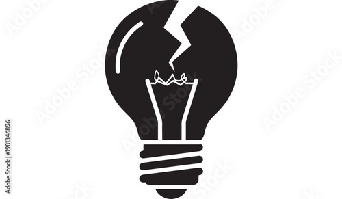 Cracked Light Bulb Icon Symbolizing Failure, Broken Idea and Innovation Problems