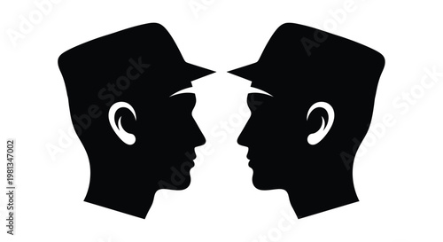 A striking black silhouette depicts two profiles facing each other forming a symmetrical visual