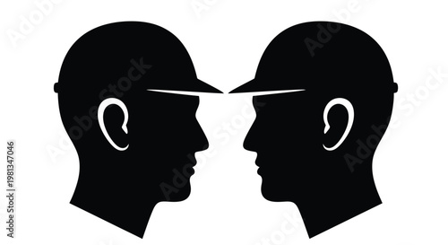 Two silhouetted profiles of men wearing caps face each other creating a symmetrical design