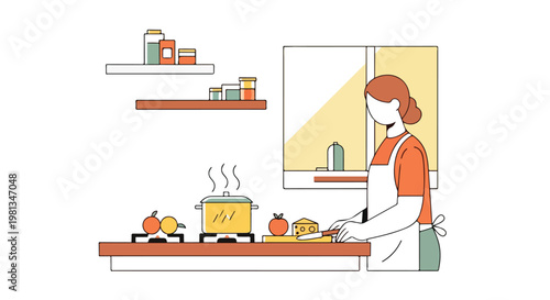 A flat-style vector image showing an individual preparing food in a kitchen, using geometric shapes, simple lines, warm hues, a minimal design, and a white backdrop.