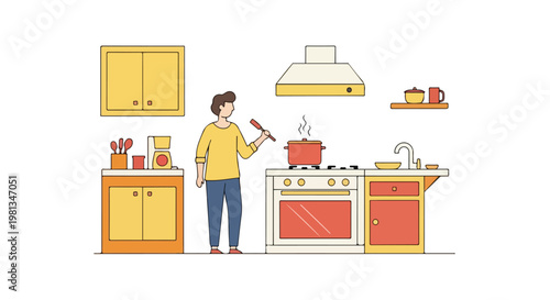 A flat vector scene depicting a person cooking in the kitchen, designed with geometric forms, minimal lines, warm colors, a simple clean aesthetic, and a white background.
