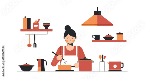 Flat vector illustration portraying an individual cooking in a kitchen environment, incorporating geometric shapes, sparse linework, warm tones, a neat minimal style, and a white background.