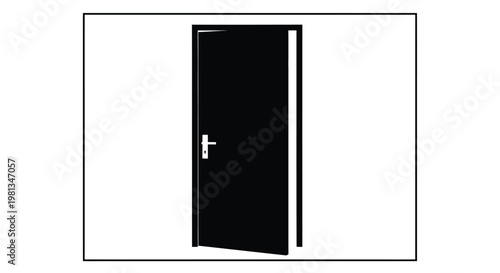 A stark black door stands ajar against a bright white background suggesting entry or mystery