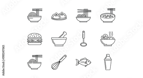 A collection of linear food icons depicting various dishes ingredients and kitchen tools