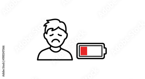 A simple black and white line drawing depicts a sad person next to a low battery indicator