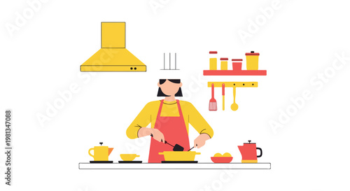 Flat vector illustration of a person cooking in kitchen, geometric objects, minimal lines, warm colors, clean simple style, white background