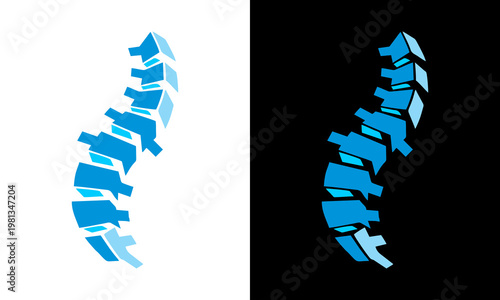 Spine illustration with blue vertebrae on black and white backgrounds
