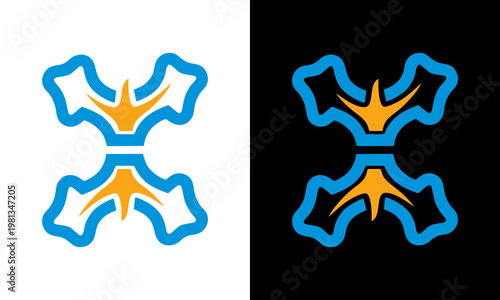 Abstract design elements arranged symmetrically on black and white backgrounds