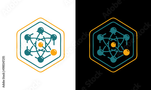Atomic structures illustrated in hexagons on white and black backgrounds
